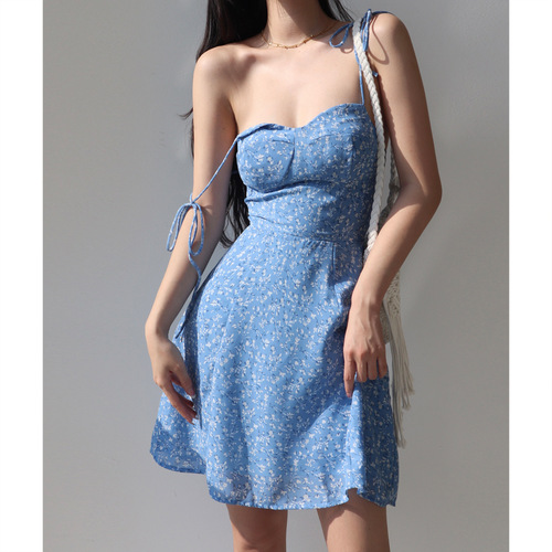 Cross-border  French retro girly blue lace floral suspender dress with waist A-line holiday style short skirt