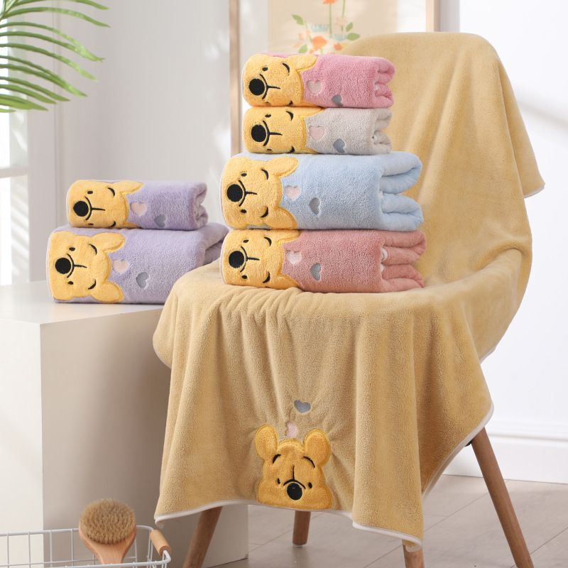 Coral Velvet Thickened Bath Towel Embroidered Winnie the Pooh Towel Bath Towel Set Household Towel Children's Cartoon Bath Towel