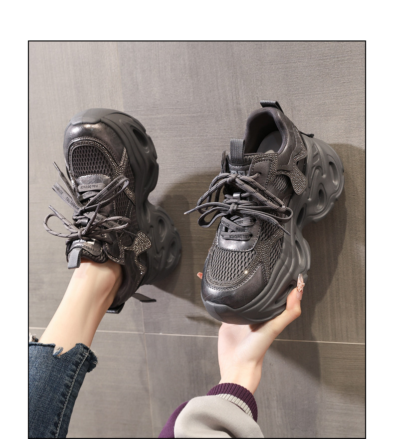 Giày sneaker nữ chunky đế dày tăng chiều cao, đính đá rhinestone, phong cách thể thao — Màu súng chi tiết 14