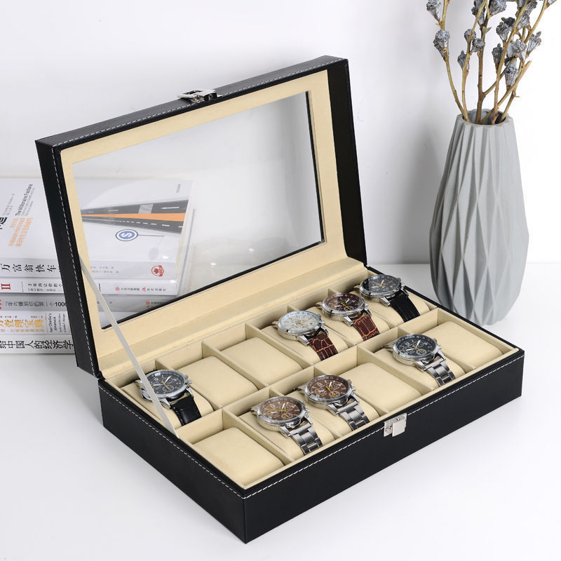 High-End Watch Box Multi-Position Leather Transparent Window Watch Display Box Retro Business High-End Watch Storage Box