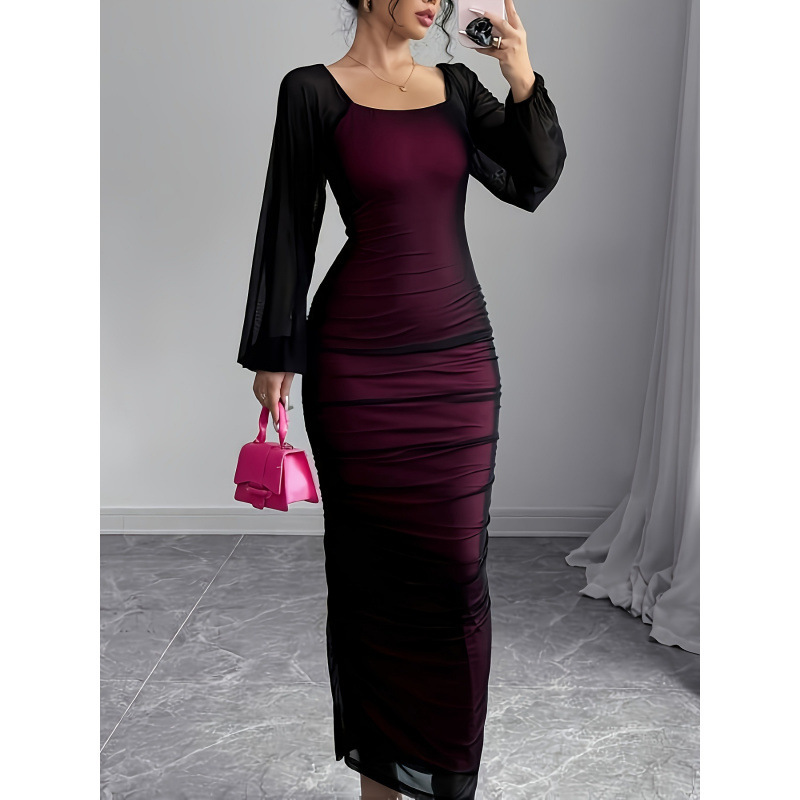 Cross-Border Autumn Square Neck Women's Dress Elegant Temperament Double-Layer Lace Mesh Dress Slimming French Pencil Dress Cross-Border Autumn Square Neck Women's Dress Elegant Temperament Double-Layer Lace Mesh Dress Slimming French Pencil Dress