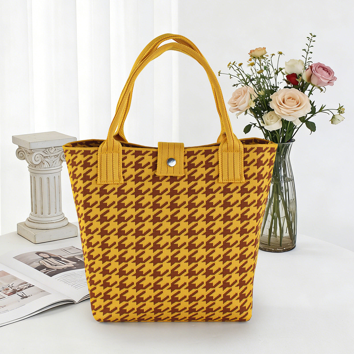 Bolso de tejido coreano de gran capacidad de transporte de moda de mil pájaros bolsos de mano casuales versátiles bolsos de bento image 11