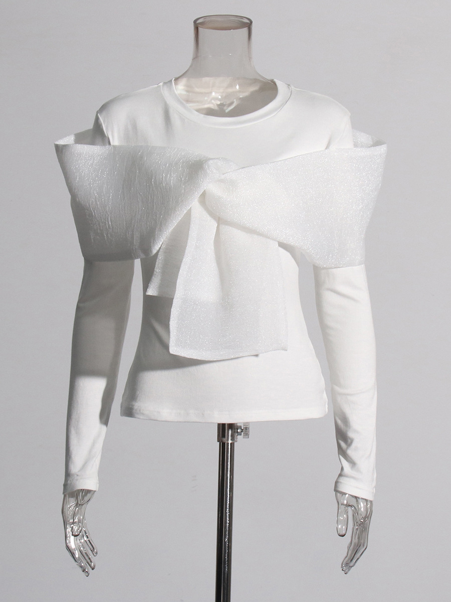 Camiseta de Moda para Mujer, Estilo Influencer, Diseño de Nicho, Otoño 2025, Cuello Redondo, Manga Larga, Lazo Cruzado Único, Color Sólido