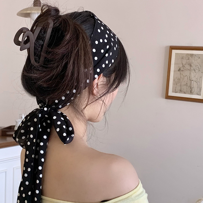 Bufanda de seda para mujer, banda larga, sensación de alta calidad, bufanda de seda de lunares simple retro, bufanda de cinta multiusos, diadema, cinturón para el cabello