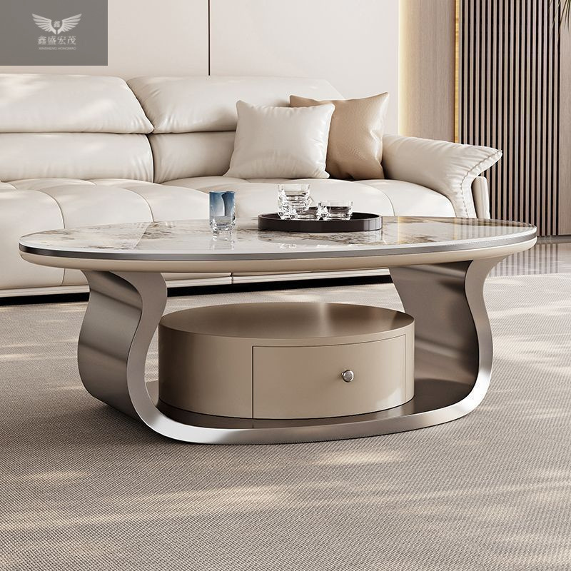 sala de estar hogar con tabla de té de fumar, tabla de té de tabla de roca ovalada de lujo ligera, combinación de gabinete de televisión, combinación de sala de estar de alta calidad