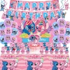 38 pink Stitch birthday party set [flag + cake insert + balloon + tablecloth + background cloth + aluminum film balloon + spiral]