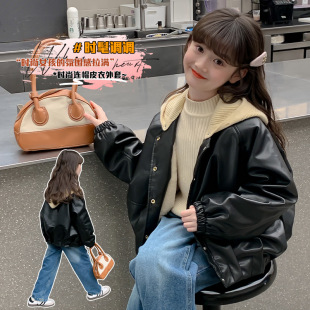 Girls' Leather Jacket Autumn and Winter 2025 New Kidsren's Thickeneded Retro Detachable Hooded Top Fashionable Jacket for Middle and Large Kidsren