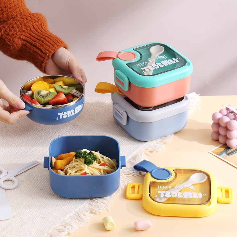 INS Internet Celebrity 304 Stainless Steel Lunch Box Lunch Box Kidsren's INSulated Baby Food Bowl with Spoon Scissors Lunch Box