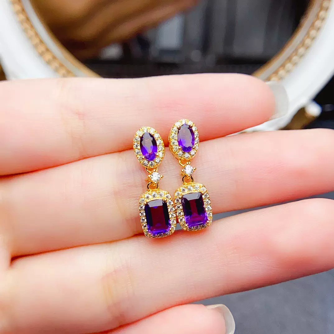 工厂批发爆款天然紫水晶耳钉S925银镶嵌主石4*6+3*5热销欧美