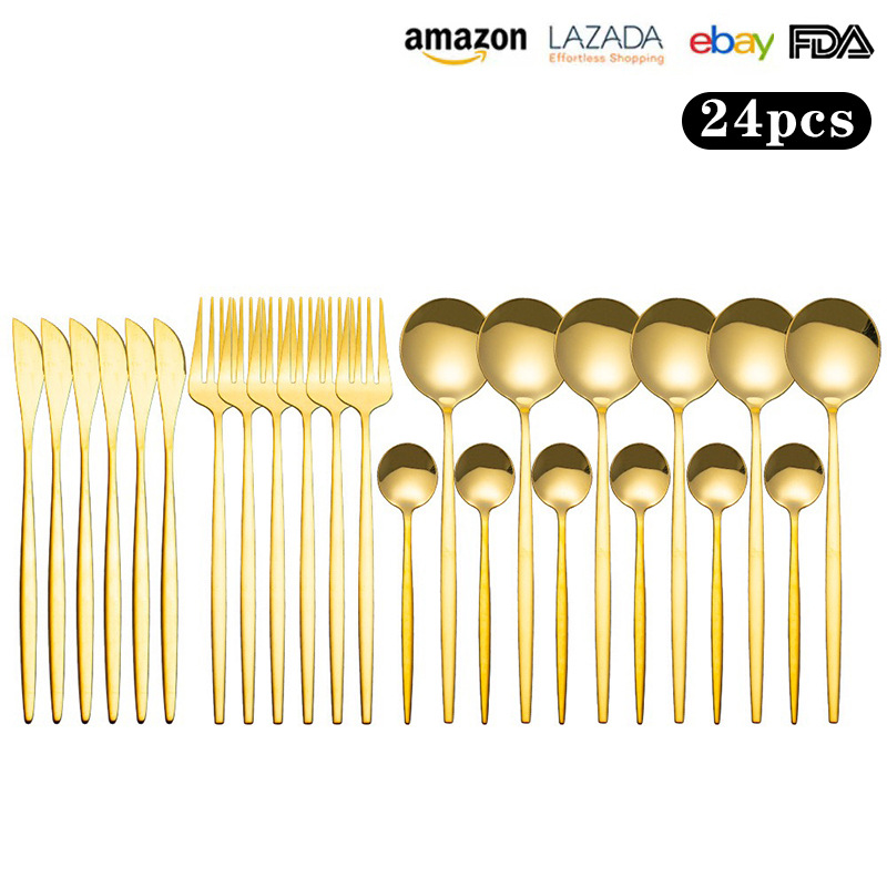 Transfronterizo de Amazon 24 piezas de acero inoxidable traje de vajilla Portugués Occidental cuchillo de carne, tenedor y cuchara de titanio chapado en oro cuchara