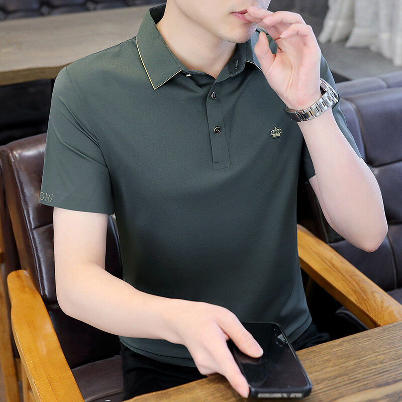Wang fried! Ice silk seamless polo shirt men's 2025 summer breathable thin lapel top high-end business casual short