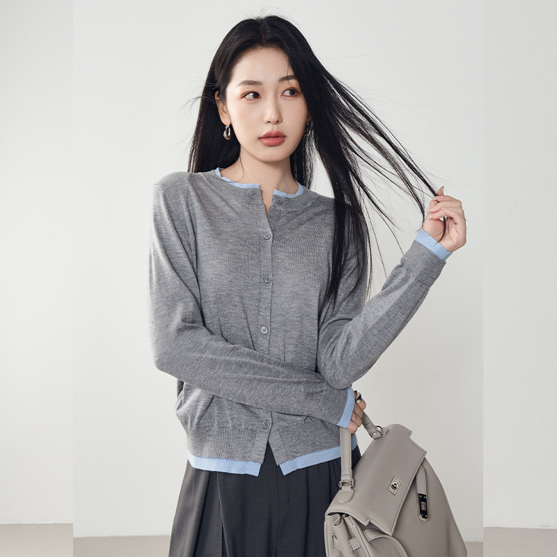 2026 Spring New Style Wool and Silk Round Neck Artistic Color-Block Slimming Faux Two-Piece Knitted Cardigan Sweater for Women