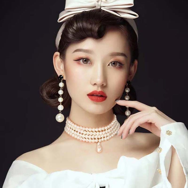 Elegante collar de capas con perlas y adornos para mujer_voghion.com