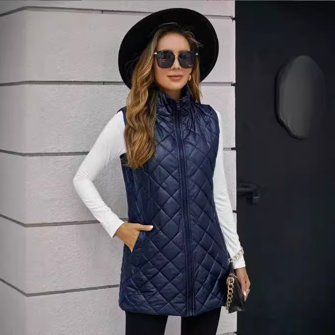 Amazon Independent Site 2026 New Cross-Border European and American Style Solid Color Mid-Length Quilted Women's Street Fashion Cotton Vest