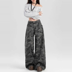 2025 新しい大きいサイズのホット迷彩ハイウエストワイドレッグジーンズ女性のためのファットmmハイストリートスリムファッションフロアモップパンツ