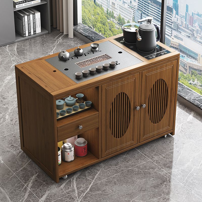 New Chinese Style Mobile Tea Table Small Tea Table Household Tea Cart with Wheels Balcony Coffee Table Living Room Kettle Integrated Tea Cabinet