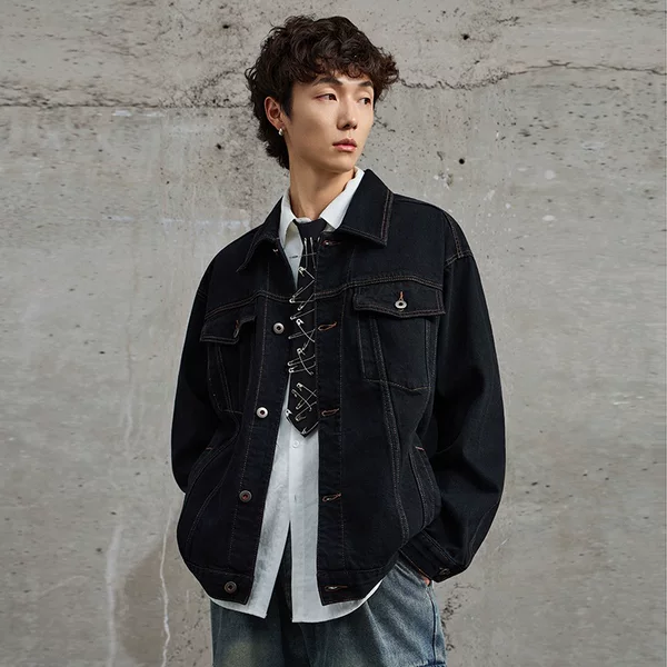 American high street black denim jacket for men and women, trendy fashion casual top, loose-fitting casual denim jacket for men
