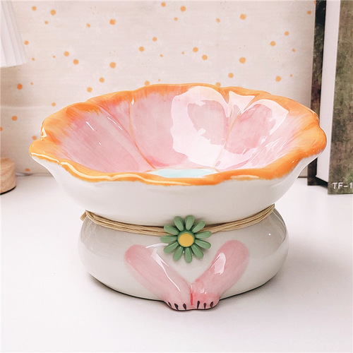 Cat bowl ceramic cute cat food bowl cat feeder tall leg slanted rim rice bowl drinking bowl cervical protection cat dish dog bowl