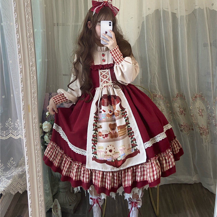 赤ずきんロリータLolitaクリスマス新年赤マント少女op長袖ワンピース甘くて可愛い純色|undefined