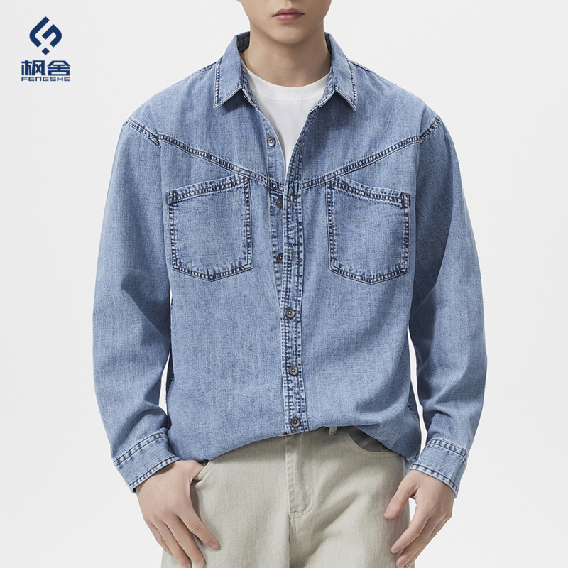 Fengshe Men's Clothing / Japanese Retro Patchwork Craftsmanship 3D Tailored Denim Shirt for Men, Loose Fit, Light Luxury Casual Shirt