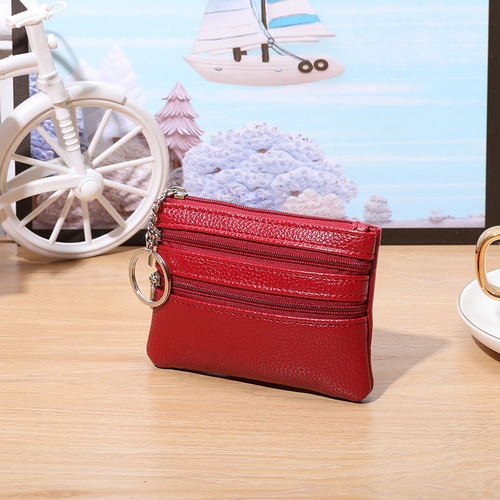 Short Zipper Wallet for Women, Lychee Pattern, Three-Pocket Multifunctional Mini Coin Purse Key Holder