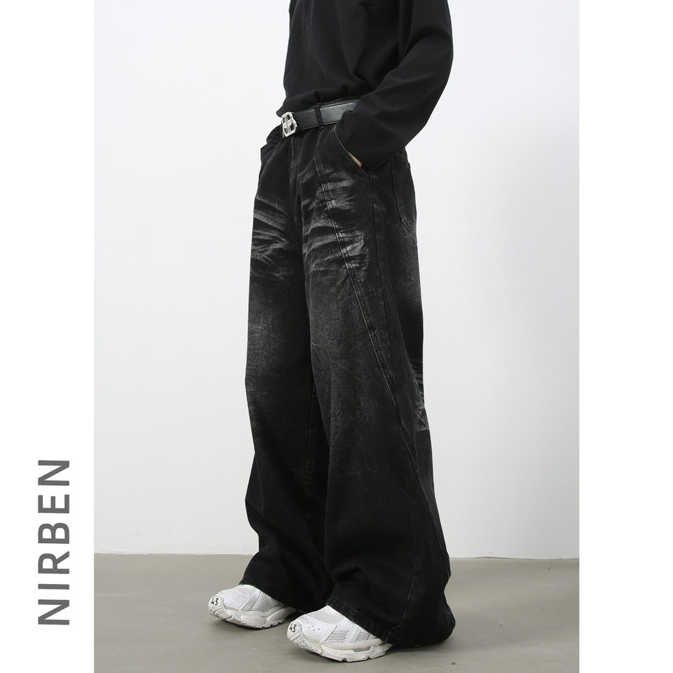Quần jean nam ống đứng rộng rãi phối mảng giải cấu trúc, denim giặt nước — Đen xám