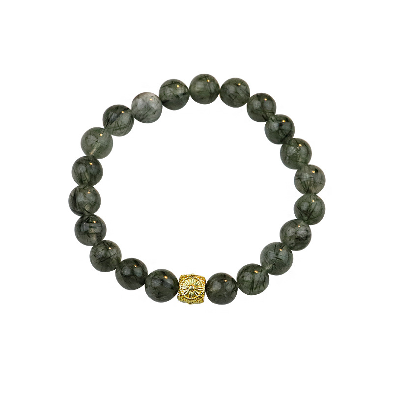 Mingdu Crystal Pulsera de cuentas redondas de cristal de cabello verde natural Nuevo estilo chino salvaje estilo ins con joyería de pulsera chapada en oro Hanfu