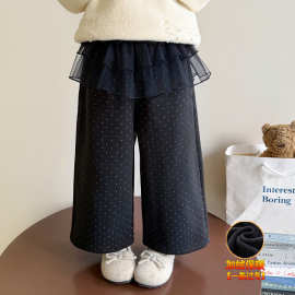 女童加绒裤子秋冬季2025新款儿童波点直筒裤小女孩冬装加厚休闲裤