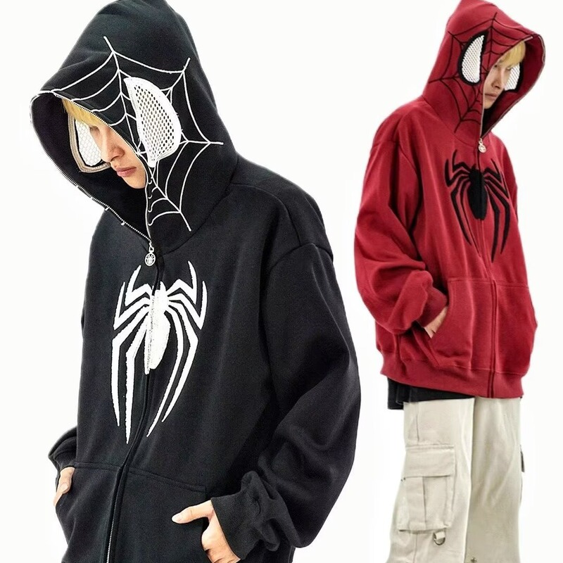 American Retro Niche Design Spider-Man Cotton Hooded Zipper Sweatshirt National Fashion Street Loose Couple Jacket