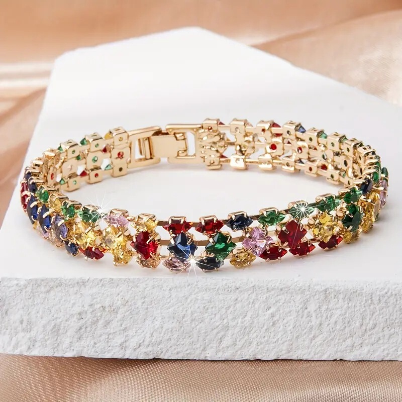 Cross-border high-grade copper inlaid zircon bracelet women's tennis chain fashion European and American colored diamond full diamond hand accessories wholesale jewelry
