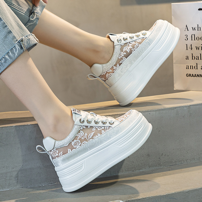 2024 summer thin thick bottom muffin height 8cm lace hollow mesh small white shoes women's casual net shoes
