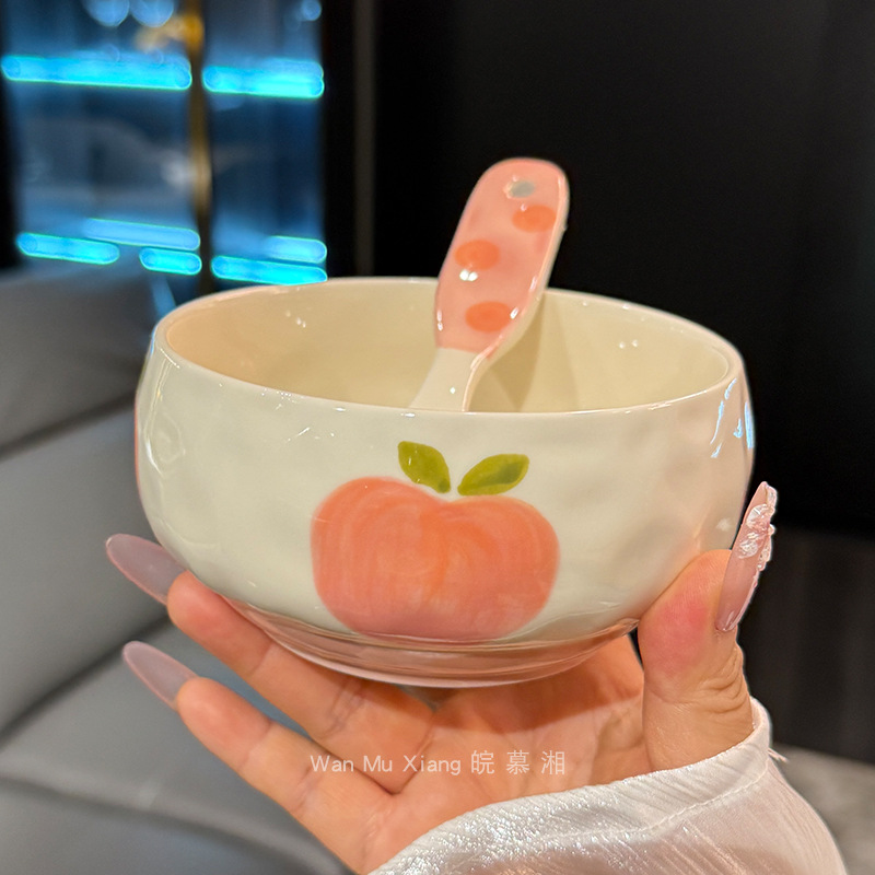 Cute Pink Peach Ceramic Rice Bowl Household Underglaze Color Heat-Resistant Dishwasher Microwaveable Tableware Breakfast Bowl