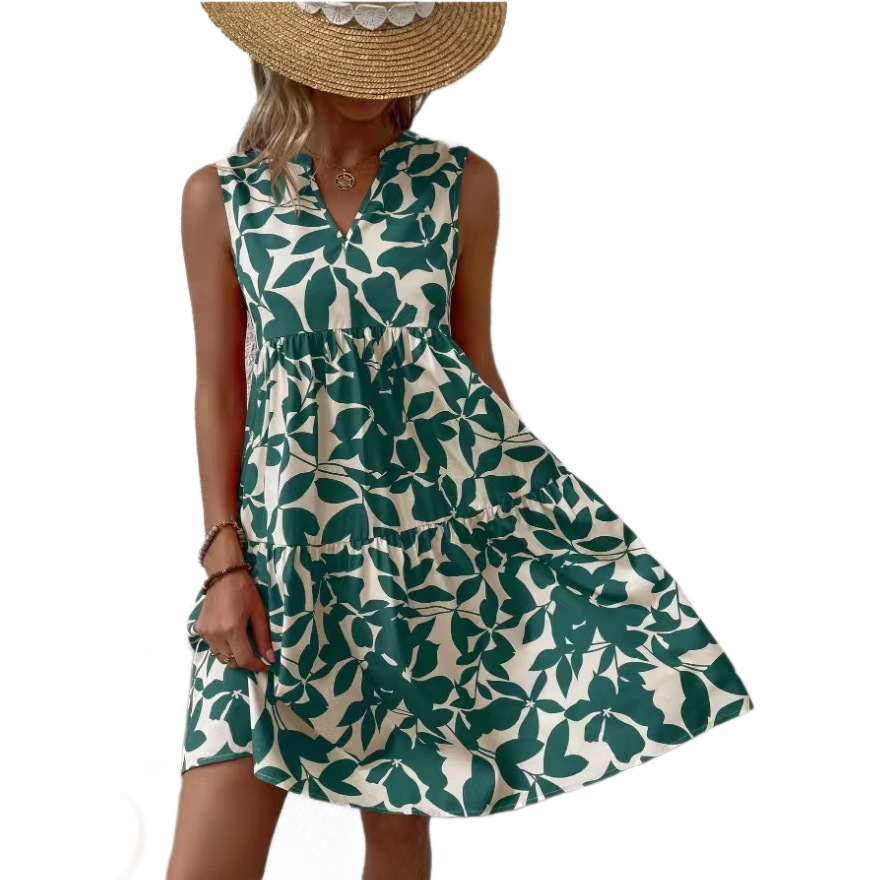 Women's Clothing Women's V Neck Sleeveless Dress Summer Fashion Printed Dress For Formal & Casual For Women_ecoleips.com