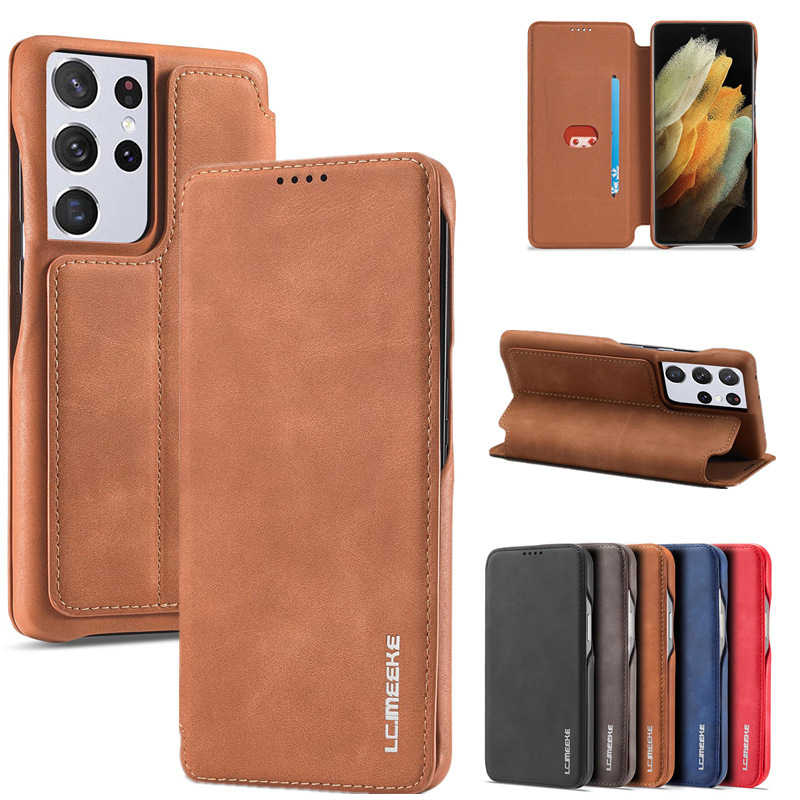 Suitable for Samsung S26Ultra Magnetic Phone Leather Case S21Fe Retro Card-Insert Flip-Cover Protective Case S25