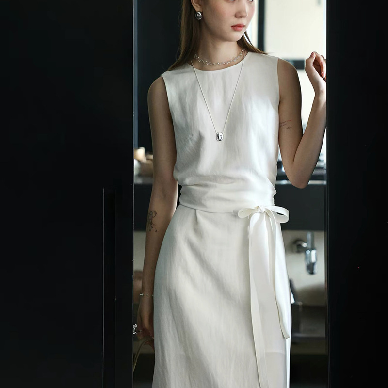 Lalaglo Tencel Linen Round Neck Tie-Waist Slimming Sleeveless Tank Dress Elegant Long Dress for Women Summer