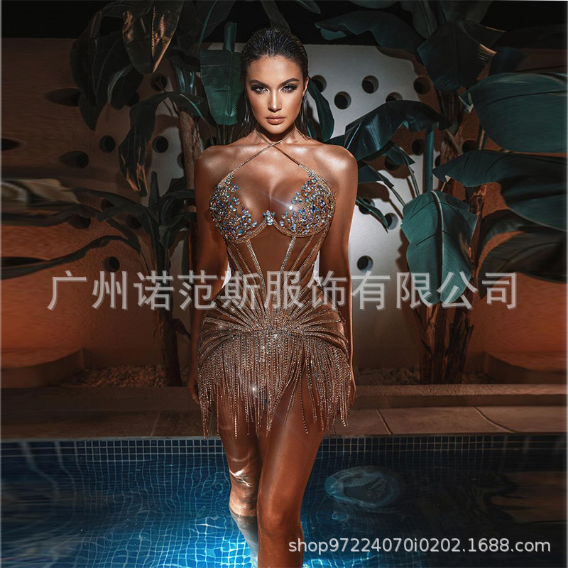 Women's New 2024 New Luxury Prom Dress Diamond Shiny Backless Sexy Tassel Cocktail Dress