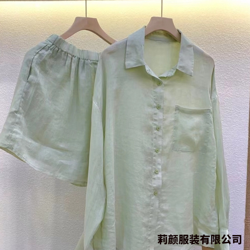 春夏薄款高端苎麻透气质感慵懒风套装宽松长袖衬衫休闲短裤两件套|undefined