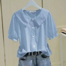 法式短袖衬衫女2023夏新款薄款设计感小众宽松翻领泡泡袖白色上衣
