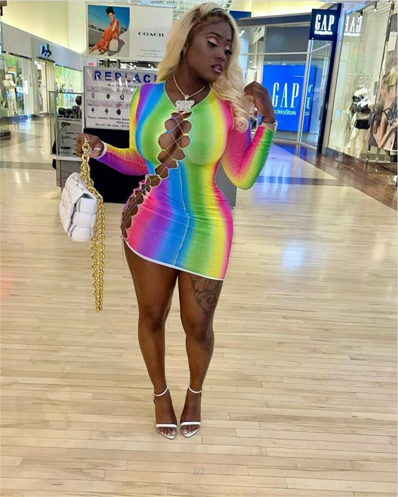 Hollow Bandage Rainbow color Print long sleeve Dress NSGMT136777