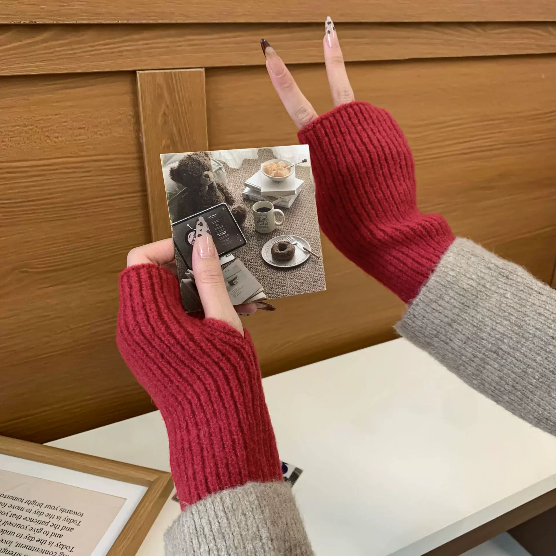 骑行手套秋冬季新款百搭纯色护臂保暖加厚针织毛线可触屏半指手套