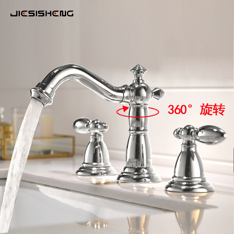 French Retro Three-Hole Faucet Bathroom Cabinet Washbasin Brass Split Double Handle Hot and Cold Splash-Proof Faucet French Retro Three-Hole Faucet Bathroom Cabinet Washbasin Brass Split Double Handle Hot and Cold Splash-Proof Faucet