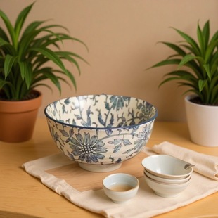 Hongyao Kiln Antique-Style Blue and White Underglaze Ceramic Bowls, Soup Plates, Rice Bowls, and Japanese-Style Ceramic Tableware Series, Light Luxury Retro