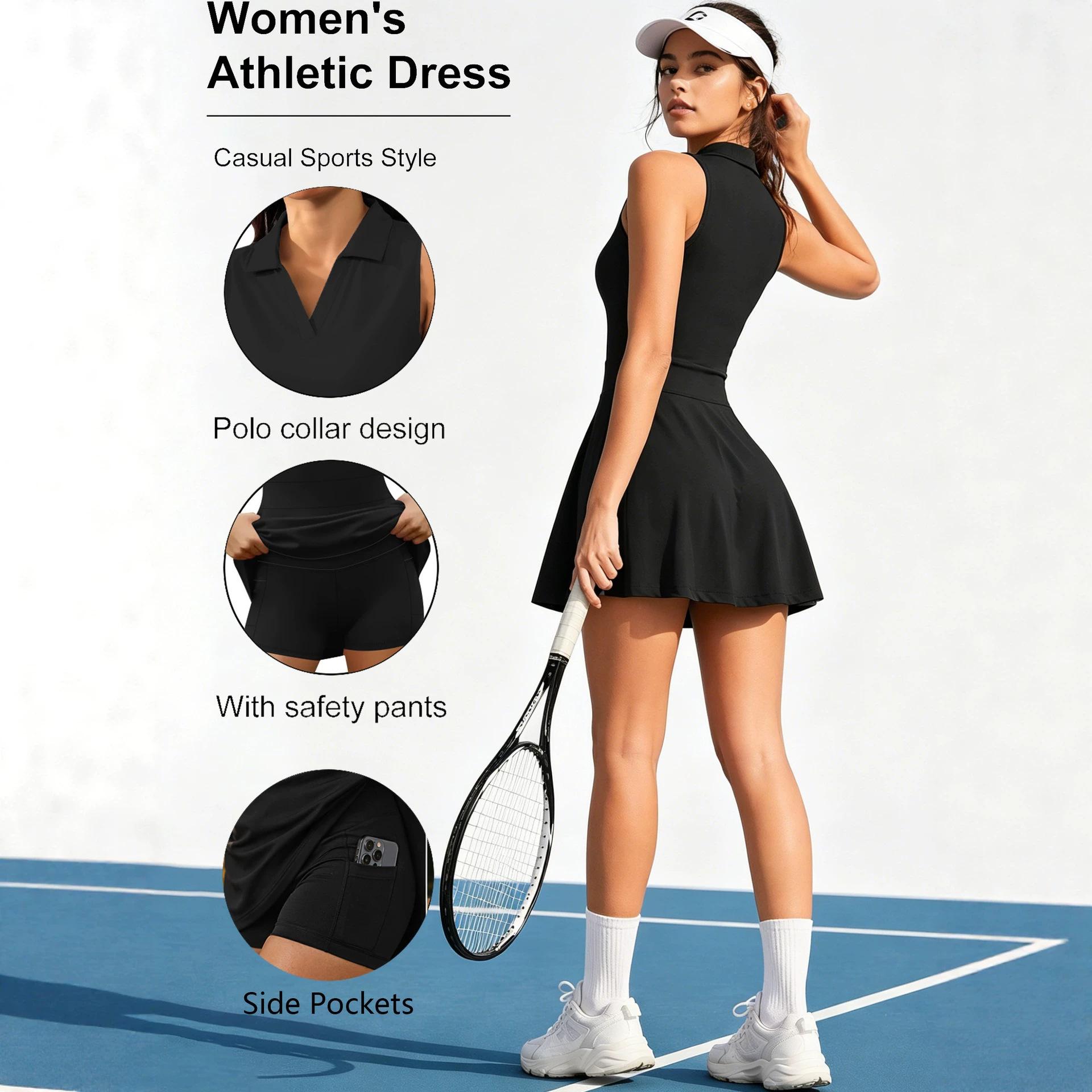 Cross-border European and American one-piece tennis dress with a turn-down collar, sleeveless sports dress with pockets and safety shorts, fitness dress for Amazon and Temu