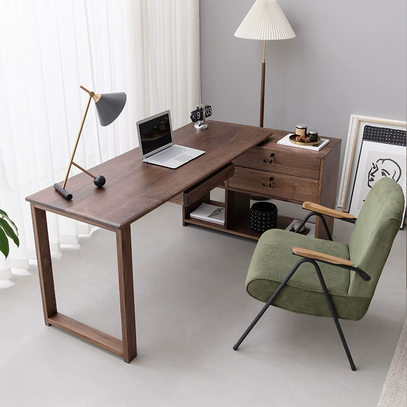 Скандинавский черный орех Полностью твердая древесина Компьютерный стол Простой современный письменный стол Книжный шкаф Интегрированный угловой письменный стол Офисный стол