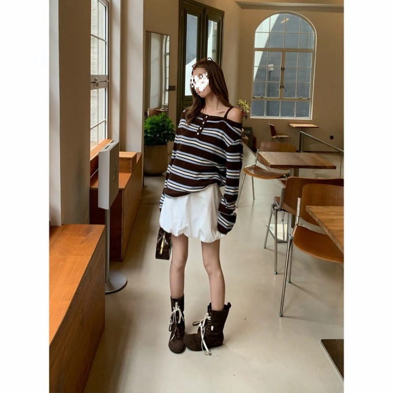 慵懒休闲风秋季新款蓝白咖条纹一字肩细带宽松版针织衫女645其他|undefined