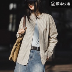 馬登婦人服フレンチ縦縞シャツ秋冬重ね着インナーシャツデザイン感長袖上着コート