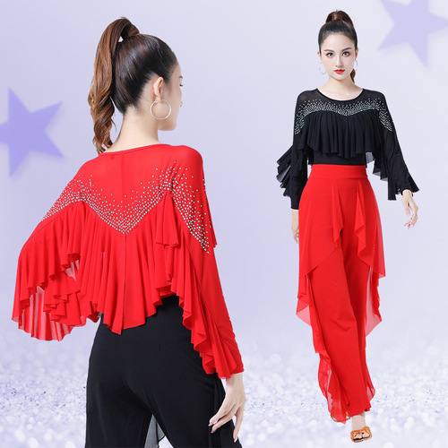Jitterbug clothing women's new diamond-encrusted ruffle dance costumes ballroom dance square dance practice clothes Latin dance tops