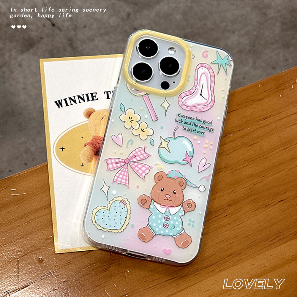 Custodia protettiva con cinturino con fiocco 3C Cartoon Bear compatibile con 16PM Cute 13 Phone Case 15 Pro_voghion.com