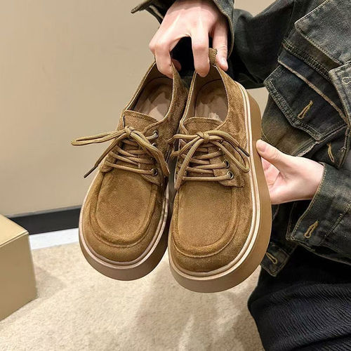 Spring New Trendy Bestselling Sanding Retro Loafers Thick Heel Mini Height Fashion Single Shoes