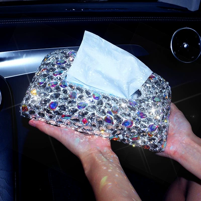 New product car interior car tissue box diamond-encrusted women's napkin paper box car interior decoration seat paper box (Car tissue box/set) - ab-white-drill